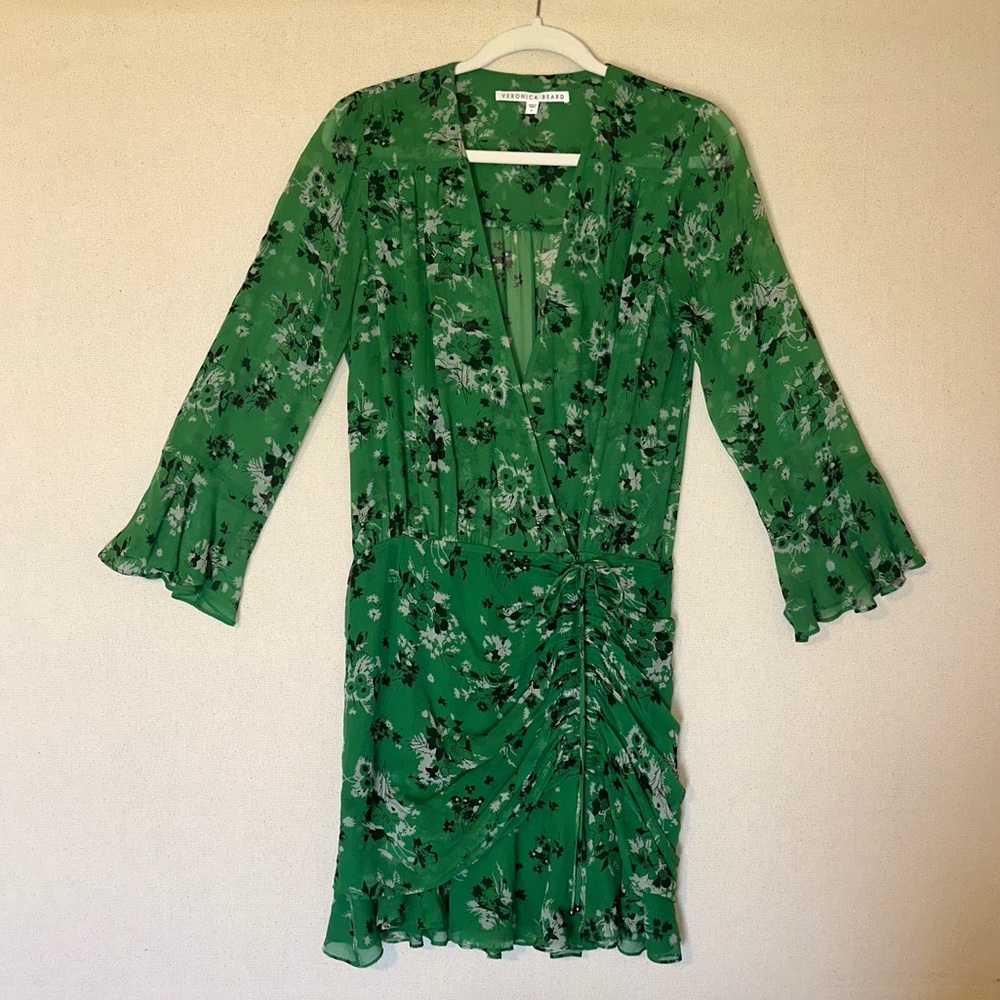 Veronica Beard Sean Silk Floral Ruched Mini Dress Green Cocktail Designer Size 4 - Picture 4 of 7
